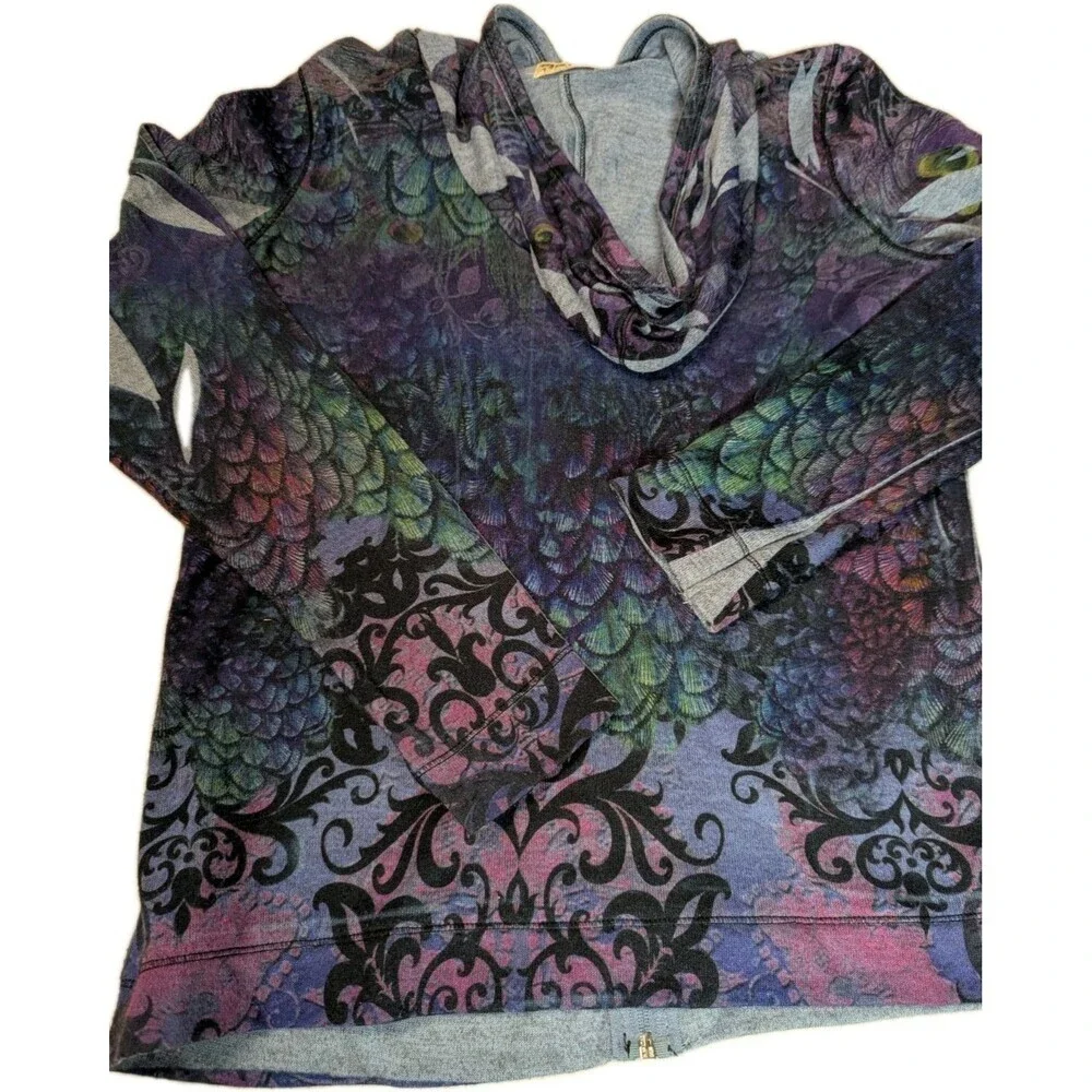 Live and Let Live Peacock Print Rhinestone Zip Up Hoodie Jacket Boho Large - Picture 2 of 14